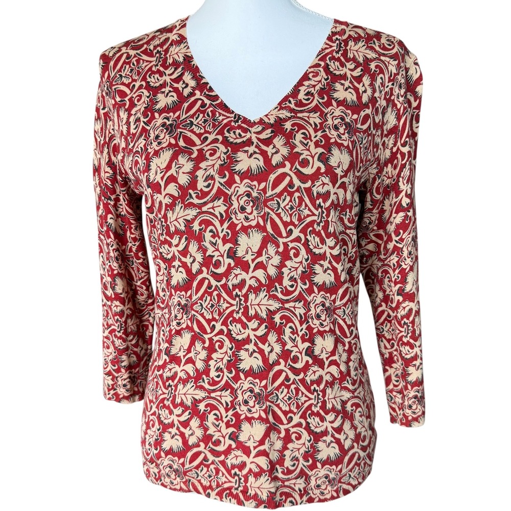 Harolds Red Floral Damask Silk Blend V-Neck‎ 3/4 Sleeve Knit Top Small